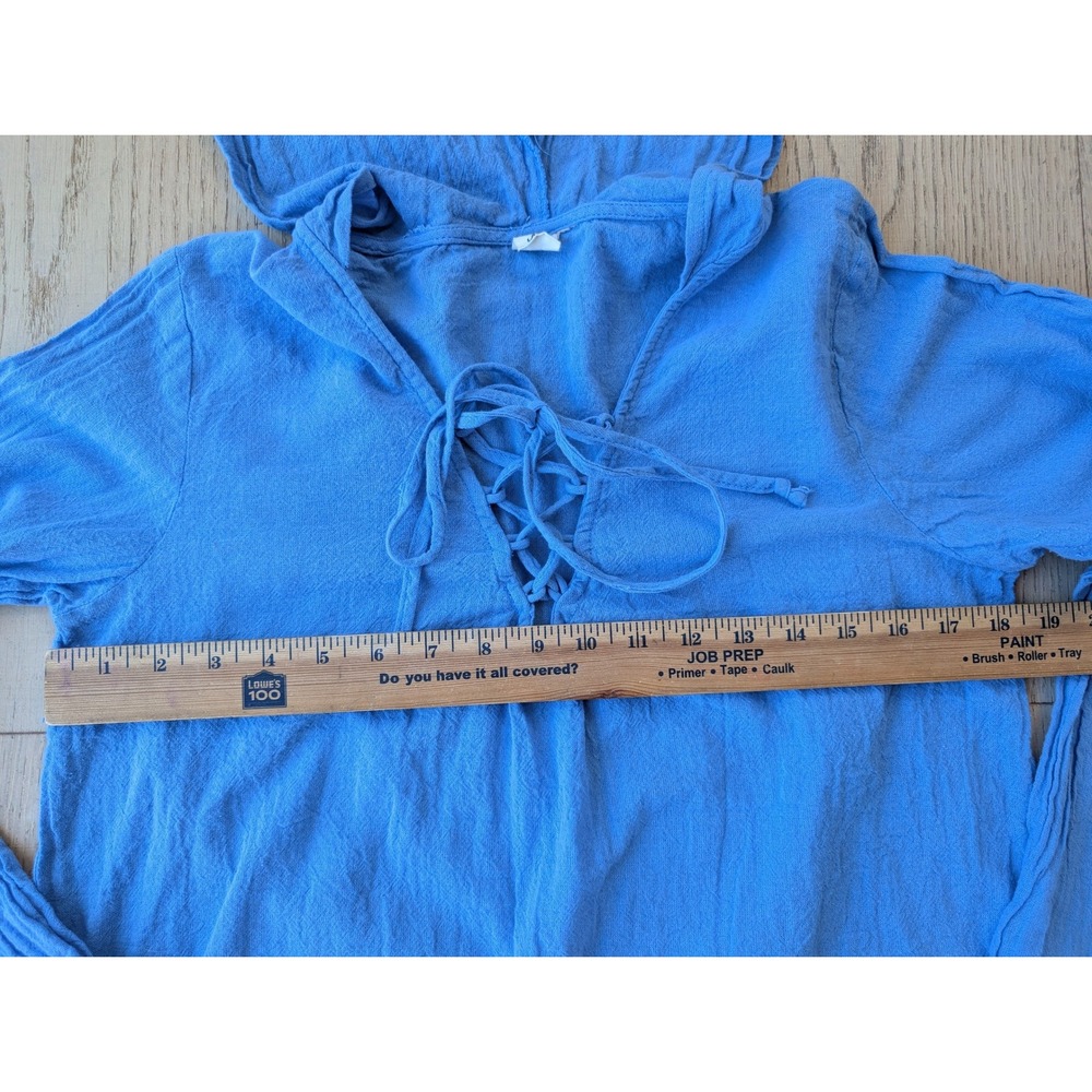 LAGACI Blue Cotton Gauze Lace Up Hoodie Tunic Top XL TG Striped Hem Casual Beach - Picture 5 of 7